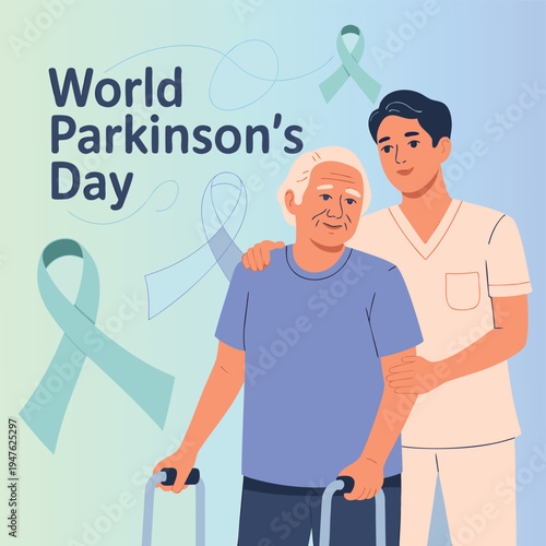 World parkinson s day awareness illustration with a caregiver supporting an elderly man with a walker