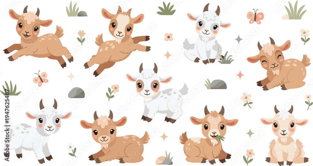 Fototapeta premium Cute baby goat cartoon characters with flowers and meadow elements, adorable farm animal kids vector illustration set for children design