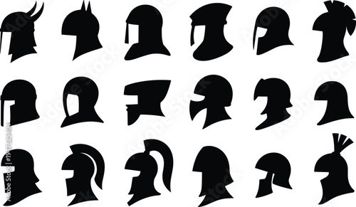 Compilation of Eighteen Black Silhouette Helmets from Various Historical Eras and Cultures headwear
