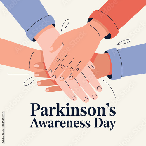 A group of hands coming together in a stack with text promoting parkinson s awareness