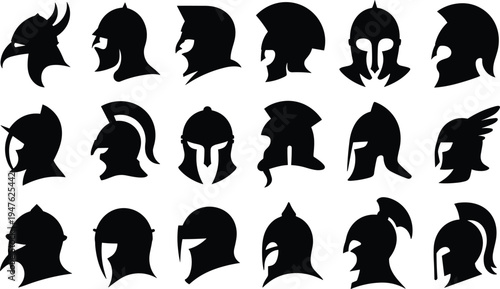 Diverse array of black silhouette icons representing ancient and medieval helmets vector illustration