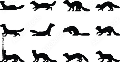 Diverse black silhouettes of weasels showcasing different postures and movements on a white background