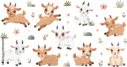 Cute baby goat cartoon characters with flowers and meadow elements, adorable farm animal kids vector illustration set for children design
