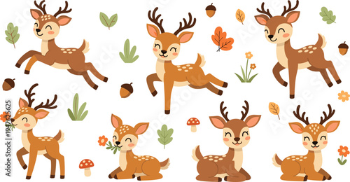 Cute cartoon deer and fawn characters with forest leaves, mushrooms and acorns, adorable woodland animals vector illustration set for kids design
