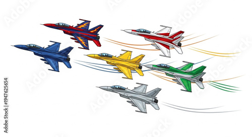 Multicolor Fighter Jets Flying Formation.