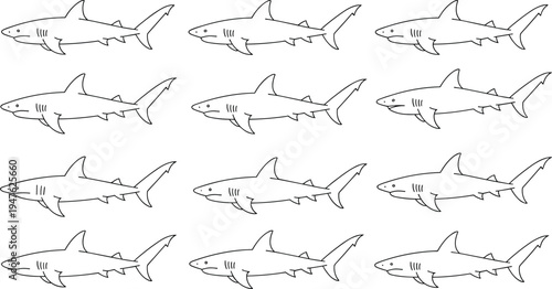Multiple simple line art drawings of sharks arranged in a grid illustration outline