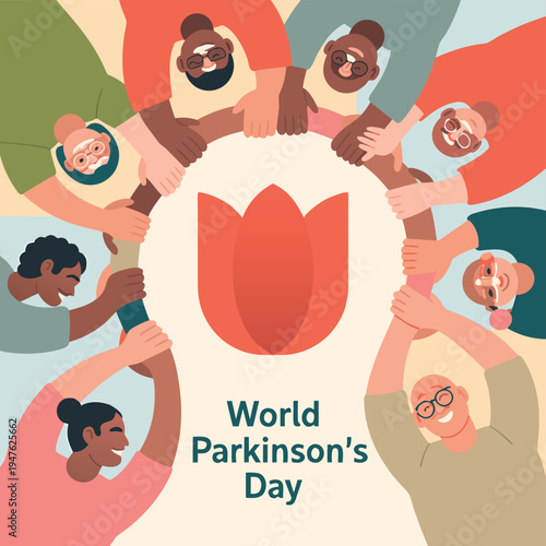 A diverse group of people form a circle around a tulip for parkinson s day