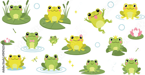 Cute cartoon frogs collection with lily pads, dragonflies and pond elements, adorable green frog characters vector illustration set for kids design