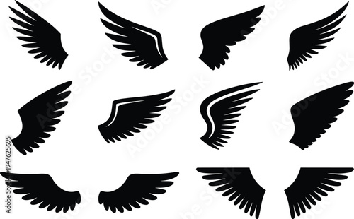 Set of Black Silhouettes of Angel Wings in Various Styles and Sizes on a White Background Keywords: wings, angel wings, bird wings, silhouette, black and white, graphic, illustration, art