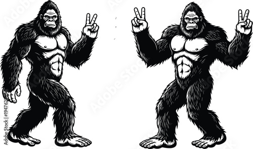 Black and White Bigfoot Sasquatch and Gorilla Vector Illustration Set Showing Peace Sign Gesture Isolated on White Background for Apparel