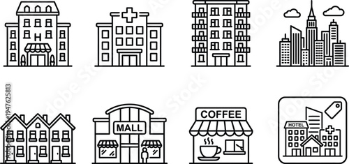 Set of city buildings line icons hotel, hospital, apartment, mall, coffee shop, houses, and skyscraper