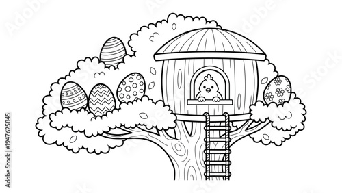 Easter tree house with patterned eggs and baby bird line art illustration for coloring book