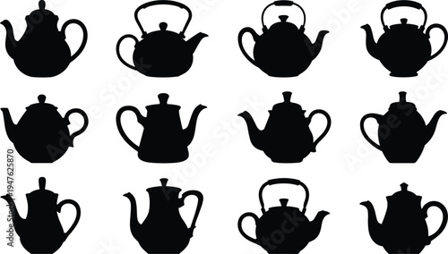 Twelve Black Silhouette Teapot and Kettle Designs with Handles and Spouts on White Background Keywords: teapots, kettles, silhouette, black, white background, kitchenware, cookware