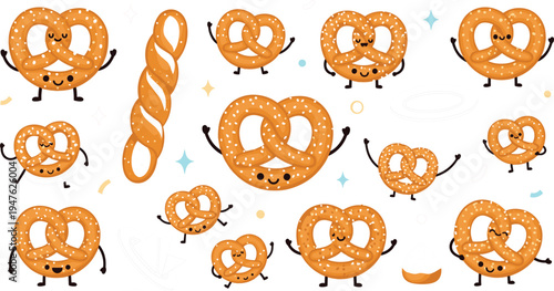 Cute pretzel cartoon characters collection with funny bakery snack mascots, salted twisted bread vector illustration set for bakery and food design
