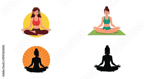 This comprehensive collection of illustrations presents multiple artistic renditions of women gracefully engaged in the serene lotus meditation pose, embodying concepts of mindfulness, inner peace, sp