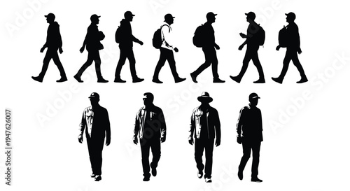 A dynamic collection of black human silhouettes showcasing various walking postures and frontal views, perfect for architectural drawings, urban planning, landscape design, and graphic design projects