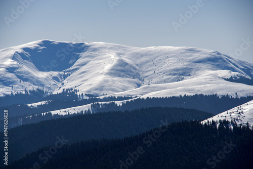 snow covered mountains, Leaota Mountains, view from Bucsa Peak, Romania