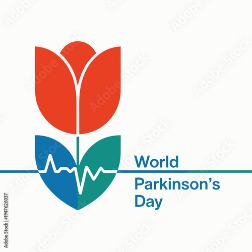 A red tulip with teal leaves incorporating an electrocardiogram line for parkinson s awareness