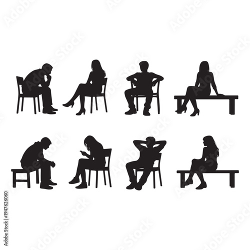 Silhouettes of Men, Women, and Teenagers Sitting on Benches and Chairs