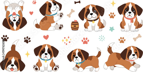 Cute Saint Bernard puppy cartoon characters with playful poses, bones and paw prints, adorable pet dog vector illustration set for kids design
