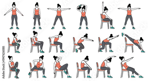 Collection of seated and standing exercises demonstrating a comprehensive low impact workout routine suitable for seniors or individuals needing chair assisted fitness routines at home.