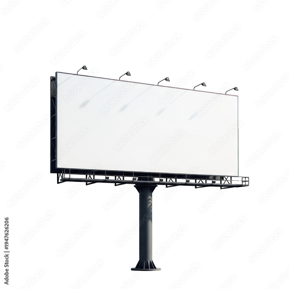 Obraz premium A large, blank, white billboard stands tall against a black background, with lights