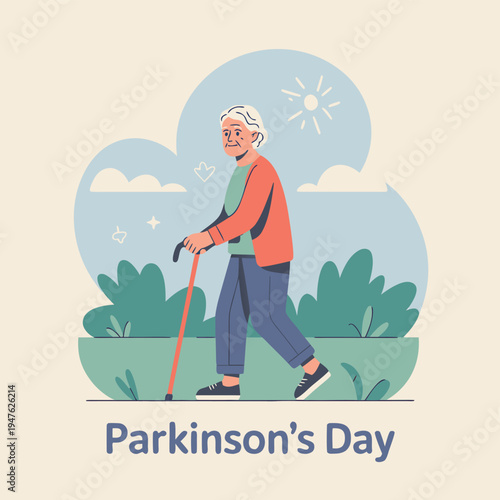 An elderly woman with a walking stick enjoys a sunny day outdoors promoting parkinson s day