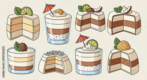 Delicious assorted cake slices with fruits on top are arranged