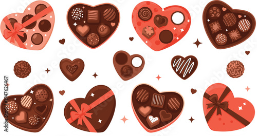 Heart shaped chocolate box collection with assorted candies and truffles, romantic Valentine sweets gift vector illustration set
