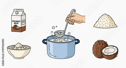 A person cooks rice porridge with coconut and milk ingredients on a pot.