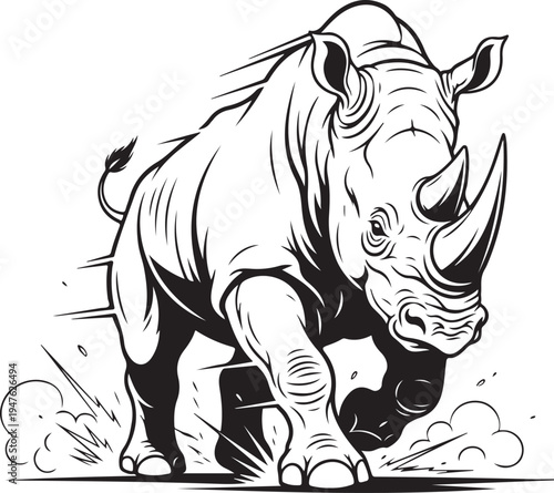 Line art vector charging rhinoceros