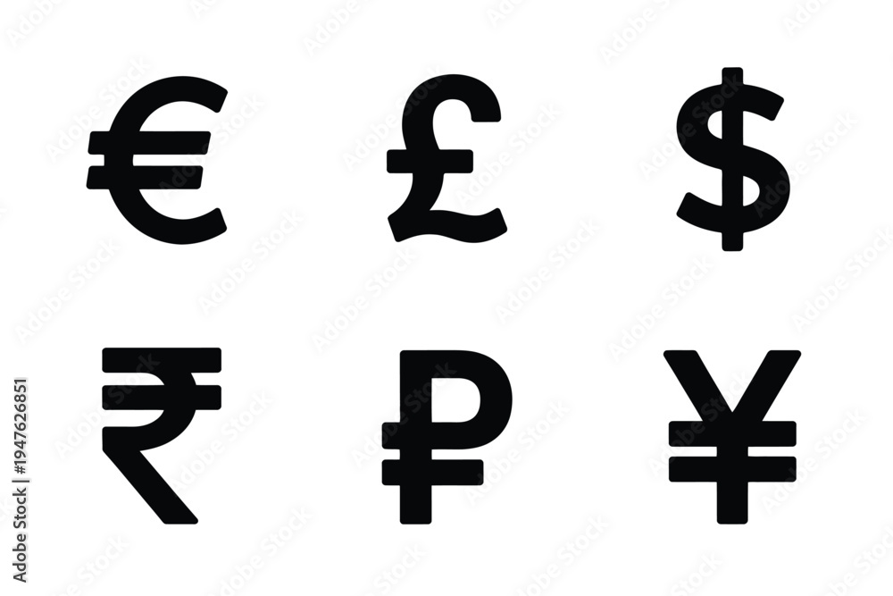 Obraz premium Minimal Vector Set of Major World Currency Symbols, Featuring Euro, Pound Sterling, Dollar, Rupee, Ruble, and Yen Icons Perfect for Finance, Business, and Digital Design Projects.