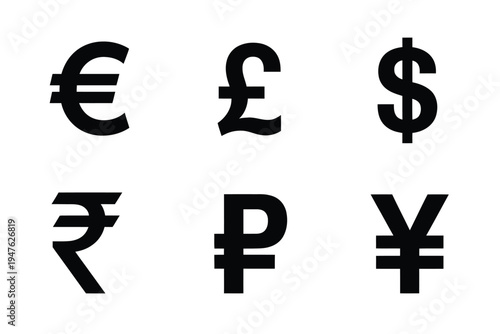 Minimal Currency Symbols Vector Collection, Including Euro, Dollar, Pound, Rupee, Ruble, and Yen Icons Ideal for Financial Applications, Business Interfaces, and Creative Graphic Design.