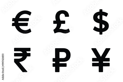 Minimal Vector Set of Major World Currency Symbols, Featuring Euro, Pound Sterling, Dollar, Rupee, Ruble, and Yen Icons Perfect for Finance, Business, and Digital Design Projects.