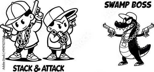 Vintage Rubber Hose Cartoon Mascot Set - Retro Monochrome Characters with Street Style Attitude