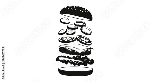 Stylized monochrome vector illustration of a deconstructed hamburger with all its delicious ingredients floating apart, perfect for food-related designs.