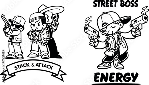 Vintage Rubber Hose Cartoon Mascot Set - Retro Monochrome Characters with Street Style Attitude