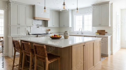 A well-designed kitchen featuring modern cabinets, an island with seating, and stylish pendant lighting. The bright space is inviting and ready for culinary activities