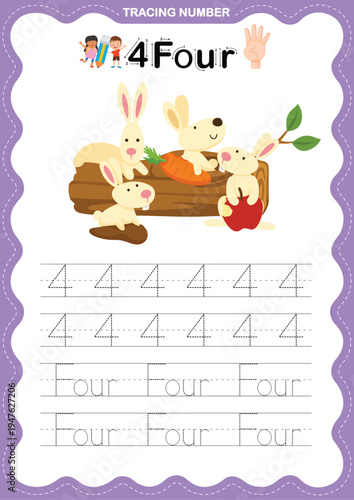 Number 4 Tracing Worksheet for Kids, Preschool and Kindergarten Number Writing Practice Printable