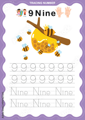 Number 9 Tracing Worksheet for Kids, Preschool and Kindergarten Number Writing Practice Printable