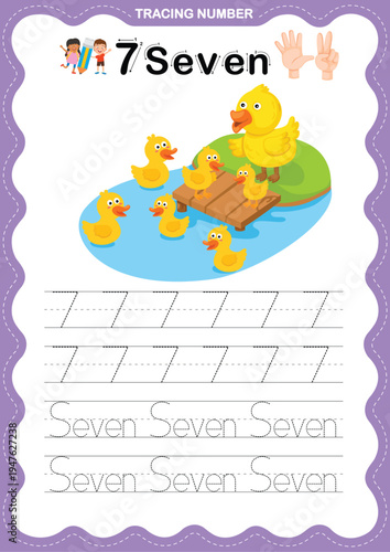 Number 7 Tracing Worksheet for Kids, Preschool and Kindergarten Number Writing Practice Printable
