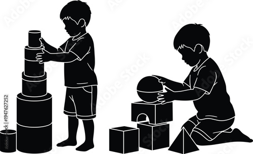 Silhouette of two boys playing with stacking toys and building blocks on white background Keywords: boy, child, silhouette