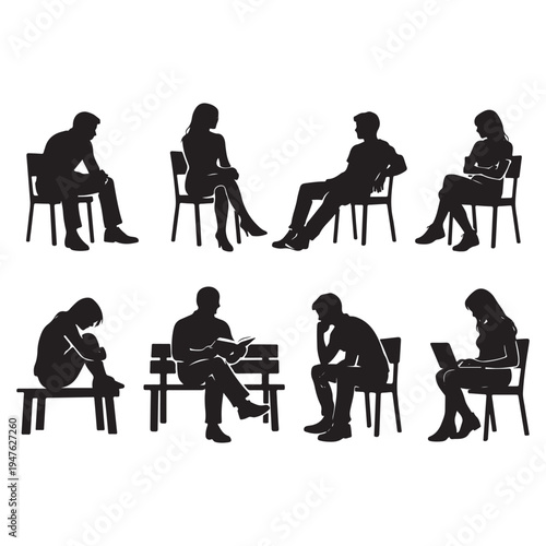 Silhouettes of Men, Women, and Teenagers Sitting on Benches and Chairs