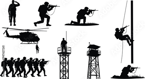 Military Soldier Silhouettes Set with Army Infographics Elements Including Helicopter Rappelling Sniper Watchtower Patrol Guard Saluting and Tactical Combat Operations