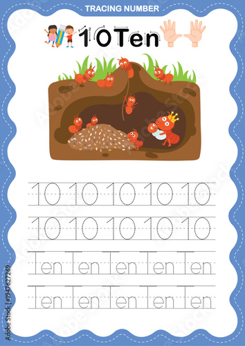 Number 10 Tracing Worksheet for Kids, Preschool and Kindergarten Number Writing Practice Printable