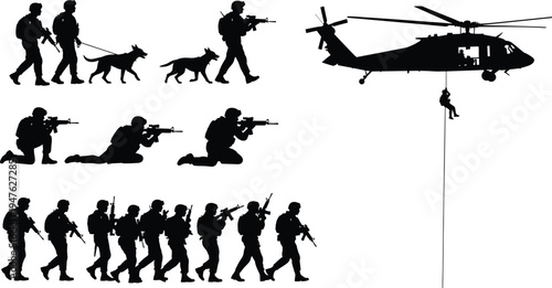 Military soldiers silhouette set with army special forces in combat poses, tactical mission with k9 dogs, helicopter rappelling, and infantry,