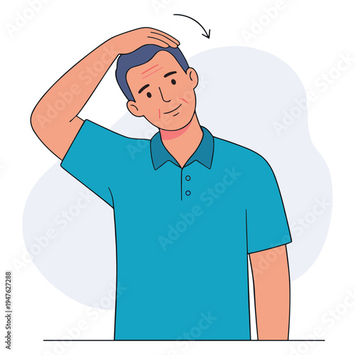 A man tilts his head while scratching it in a puzzled expression indoors.