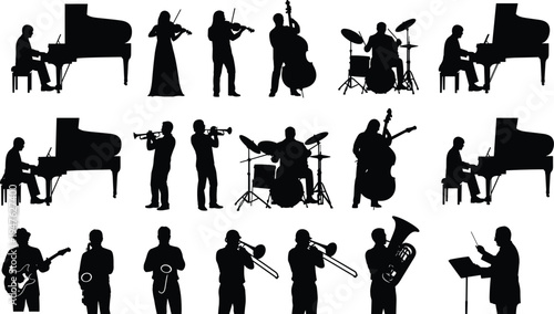 Musical, instrument, silhouettes, set, orchestra, musicians, playing, piano, drums, violin, trumpet, trombone, tuba, conductor, jazz, band, performer, silhouettes, isolated, white, background,