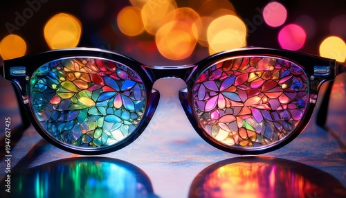 a pair of eyeglasses with lenses that reflect a kaleidoscope of colors representing diverse perspectives and insights