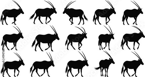 Oryx silhouette set, gemsbok antelope walking, african wildlife animal icons, desert gazelle silhouettes, wild nature safari travel elements, isolated vector silhouettes. (21 words)
